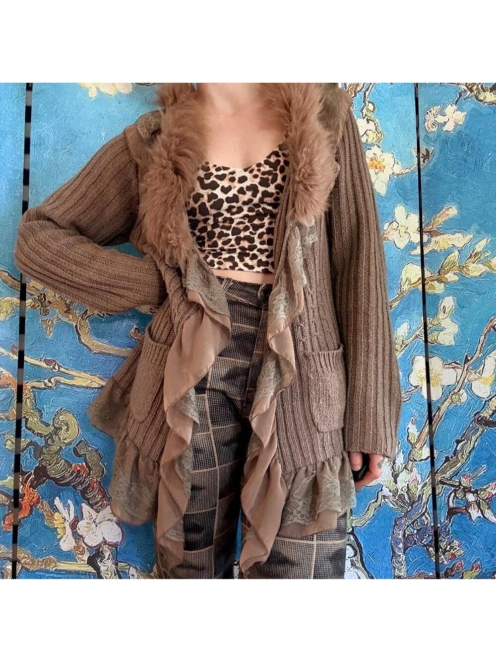 y2k brown fur ruffle cardigan